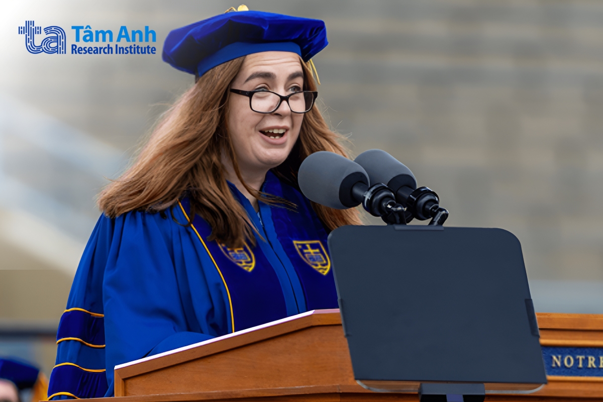 Prof. Teresa Lambe speaking at the 2025 Graduate Commencement at the University of Notre Dame, urging graduates to live with purpose. (Photo: Notre Dame Portal)