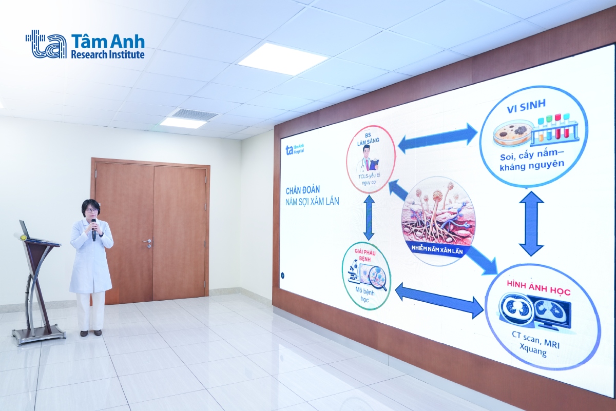 dr. nguyen luong nha phuong presents on the treatment of invasive aspergillus infections at the laboratory center of tam anh general hospital in hcmc